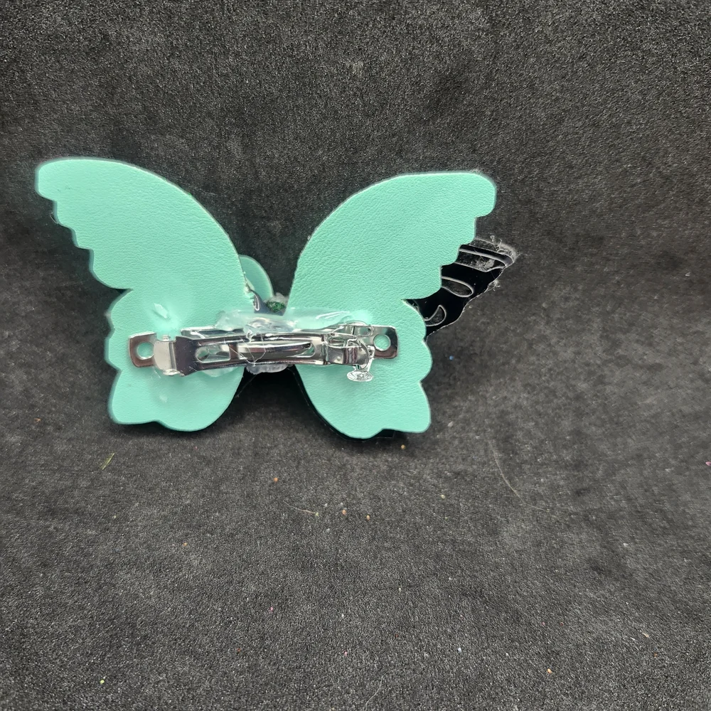 Hand Crafted Green and Black Butterfly Hair Bow Barette Clip Faux Leather